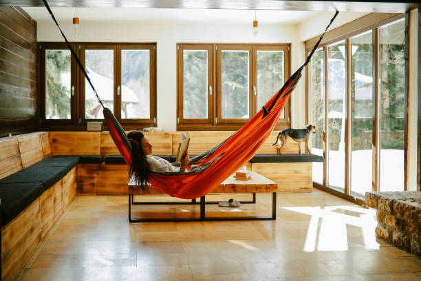 Indoor hammock creates a relaxed vibe
