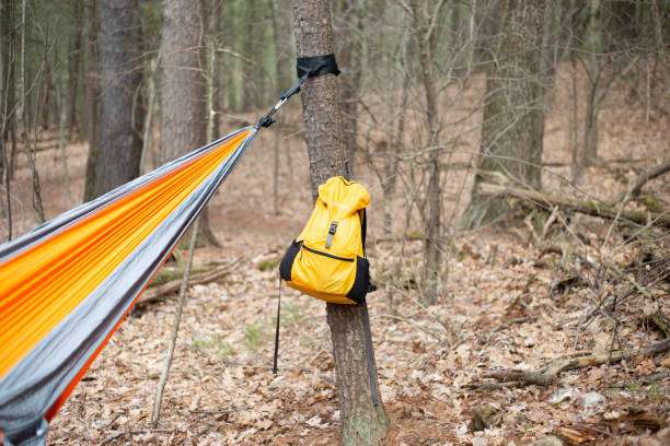 Orange and grey camping hammock attached to a tree with a yellow backpack.