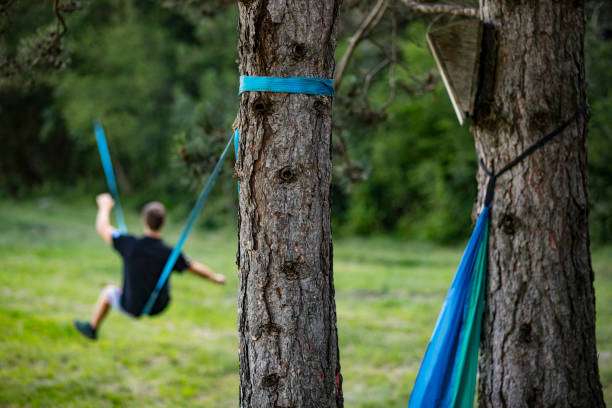 Person swinging in a hammock between two trees