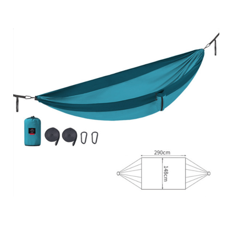 Turquoise outdoor camping hammock with straps, carabiners, and stuff sack on white.